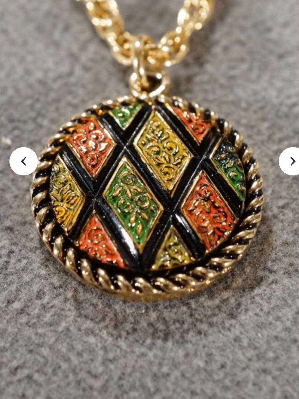 Gold-Tone Round Enamel Pendant Necklace in Orange, Green, Yellow
